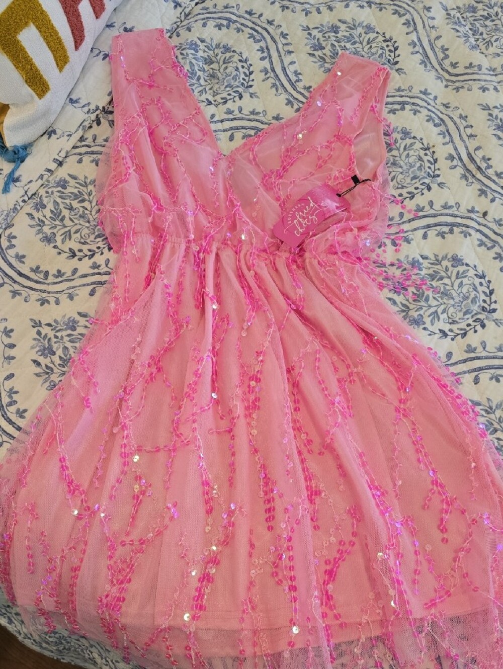 Southern Fried Chics Hot Pink Sequin V-Neck Fringe Mini Dress Medium NWT